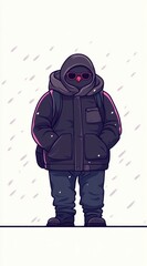 Pixel art illustration of a person in a dark hooded jacket standing in the snow. The character has a backpack and is depicted in a minimalist style
