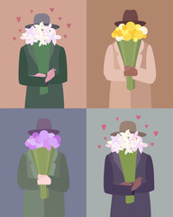 A man gives a bouquet of flowers.Set of vector, flat illustrations, postcards, greetings.