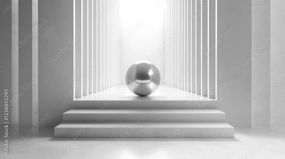 Poster a polished silver sphere sits atop white concrete steps, illuminated by a soft, bright light that fi