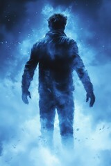 Mysterious figure, pixelated and shrouded in blue mist, stands against a dark, stormy sky. Digital art with a cool color palette evokes a sense of