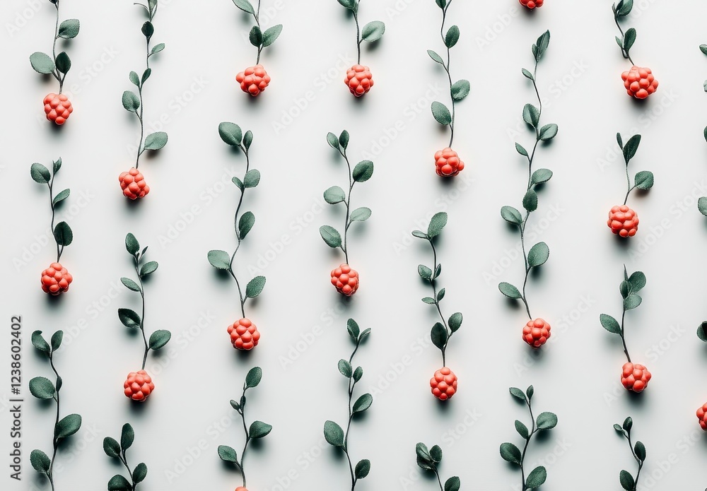 Poster red pixelated raspberries and green pixelated leaves arranged in vertical lines on a white backgroun