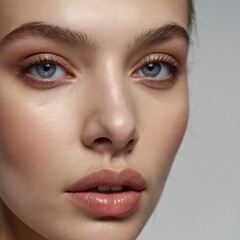 Obraz premium Close-up view of a young woman with striking blue eyes and natural makeup showcasing beauty and elegance in a minimalist setting