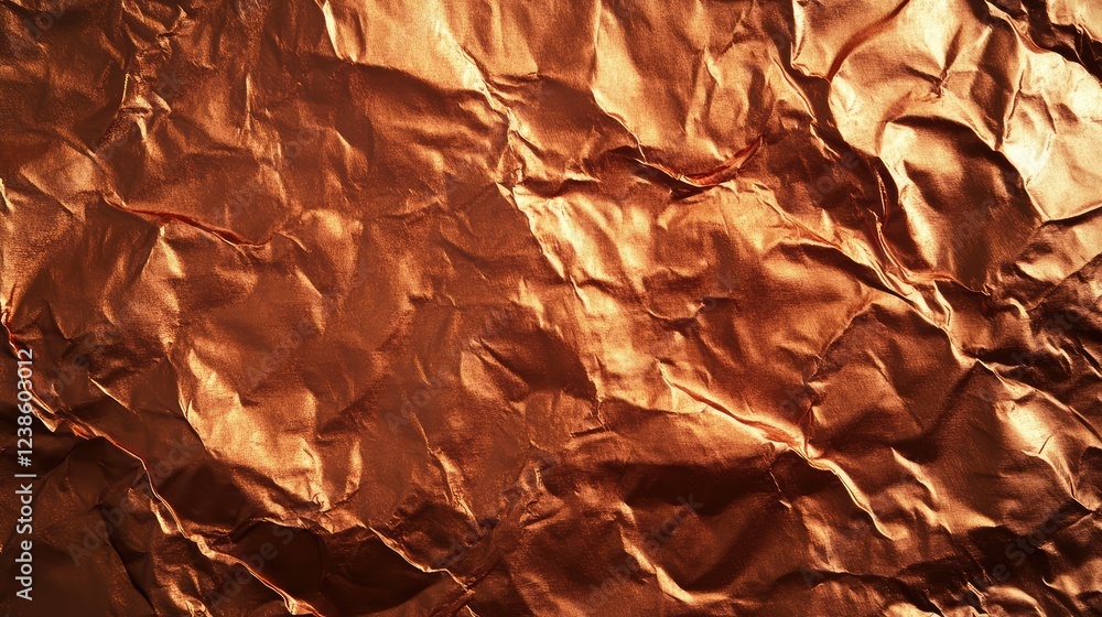 Poster textured crinkled metallic surface highlighting the intricate folds and patterns of shiny copper-lik