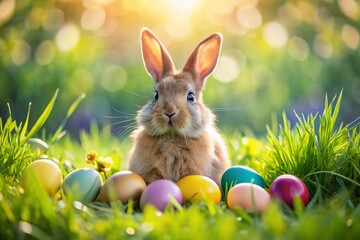 Fototapeta premium Cute Bunny, Colorful Easter Eggs & Lush Spring Grass - High-Resolution Stock Photo