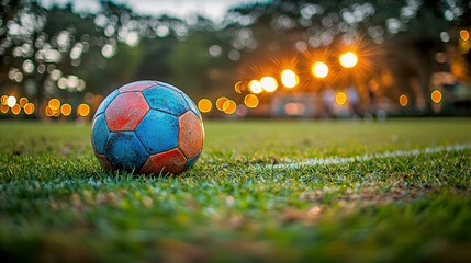 Fototapeta premium Vintage Football on the Grass Field at Dusk