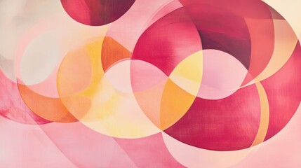 Obraz premium Abstract lines forming intersecting circles in shades of red and yellow, with a soft pastel pink background