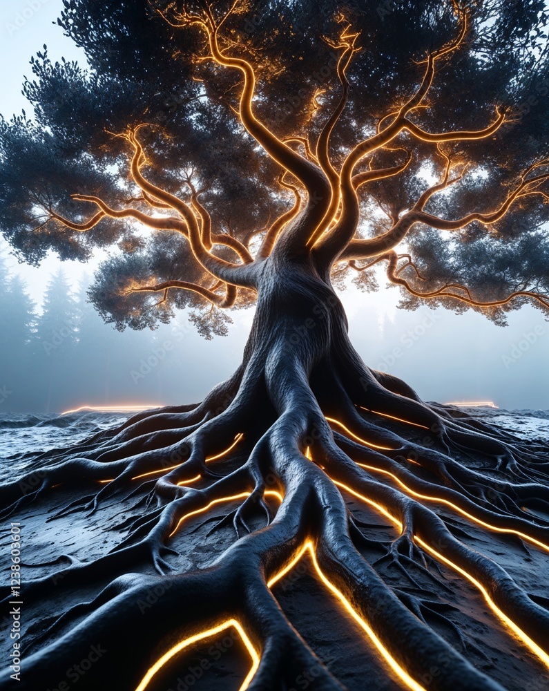 Poster black twisting and curving tree roots with glowing outlines abstract natural tree concept background