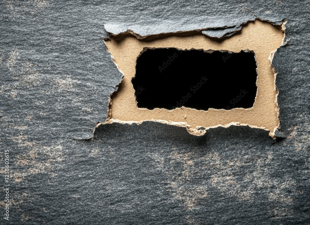 Poster close up view of a rectangular hole in dark gray textured material, revealing a beige underlayer and