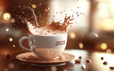 Floating Cup of Hot Chocolate with a Splash of Milk Foam, 2025 Created with Cocoa Powder, Warm and Cozy Background