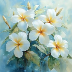 Fototapeta premium Five delicate white plumeria blossoms with yellow centers, lush green leaves, and soft blue background.