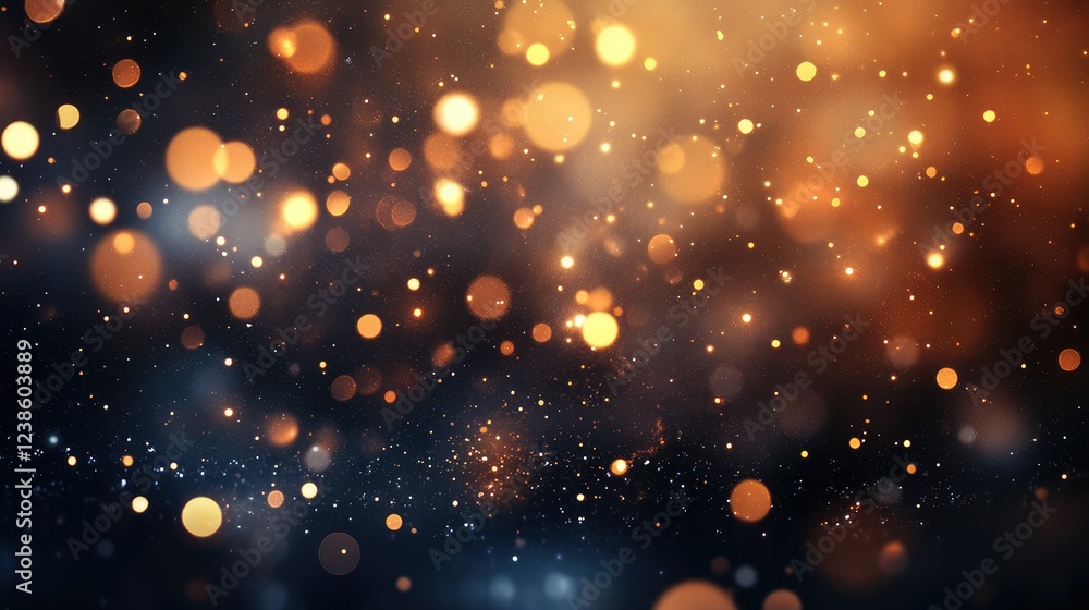 Poster abstract background with glowing bokeh lights in warm tones of gold and orange against a dark backdr