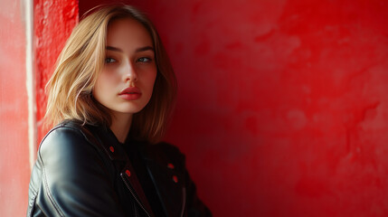 Fototapeta premium Confident woman in black leather jacket, soft light, blurred red background. Bold style meets effortless elegance.