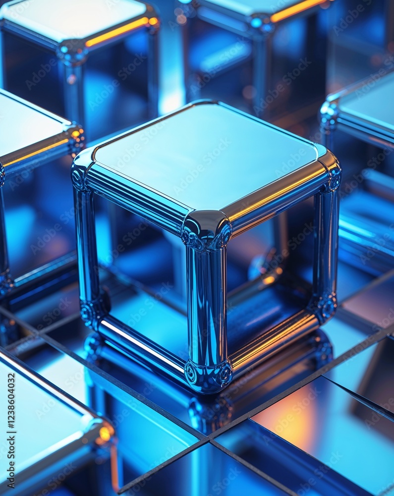 Poster blue metallic cubes with mirrored edges and soft gradient lighting abstract background
