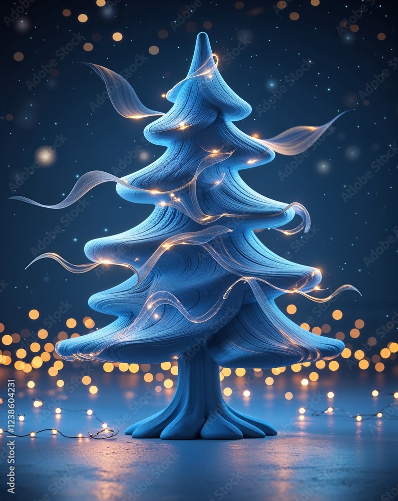 Poster blue smooth tree shape with flowing light textures abstract christmas tree concept background
