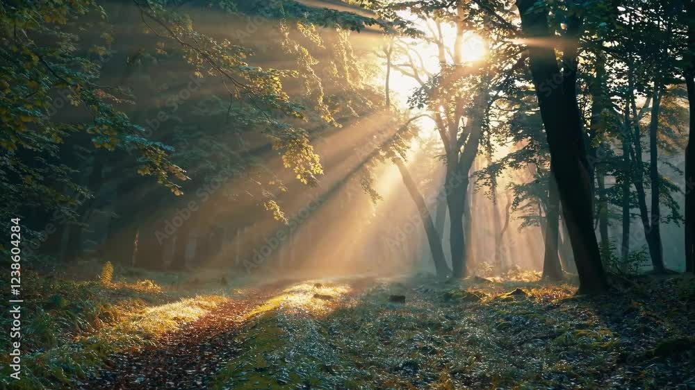 Aufkleber Sunlight filters through trees in a peaceful forest setting at dawn with soft mist and vibrant greenery