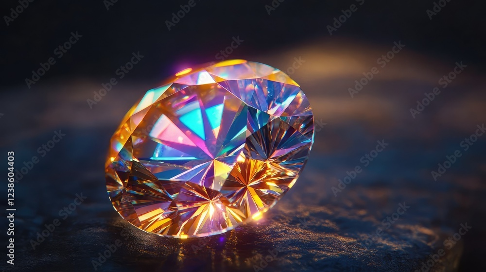 Poster dazzling close-up of a multifaceted gemstone showcasing vivid reflections and light play in a dark e