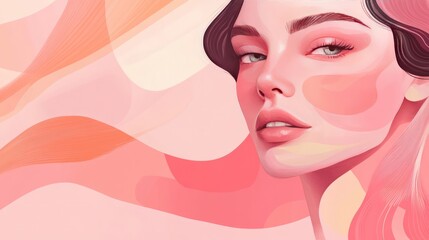 Abstract woman face with smooth, flowing dark waves and a soft pastel pink background, giving a feminine and gentle appearance.