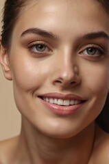 Portrait of a young woman with radiant skin, a warm smile, and captivating eyes in a softly lit studio setting