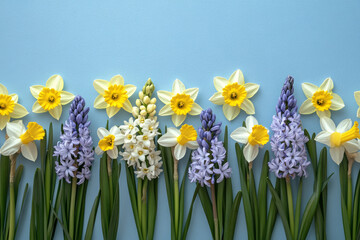 Vibrant arrangement of spring flowers including daffodils, hyacinths, and tulips on a textured blue background, perfect for seasonal designs, event invitations, or cheerful home decor