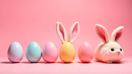 Colorful Easter eggs and cute Easter bunny on a pink background