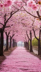Naklejka premium Enchanting cherry blossom trees in full bloom along a petal laden pathway in a serene landscape