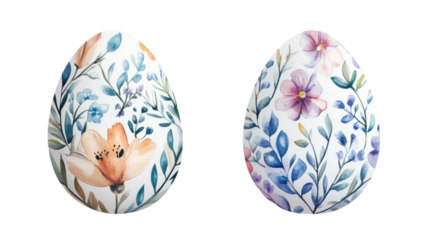 Watercolor easter eggs with blooming floral pattern on transparent background