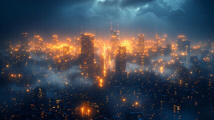 Fototapeta premium Night city rain storm aerial view, urban background, website banner