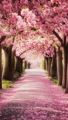 Tranquil pathway surrounded by blooming cherry blossom trees and vibrant pink petals for reflection