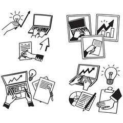 Trendy halftone collage business elements set vector illustration. Hands working on a laptop, signing a contract, rising arrow chart. Technology, startup, idea and teamwork concept. Modern retro vecto