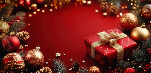 Christmas Celebration with Shiny Red Background and Golden Ornaments Gift Box and Pine Branches
