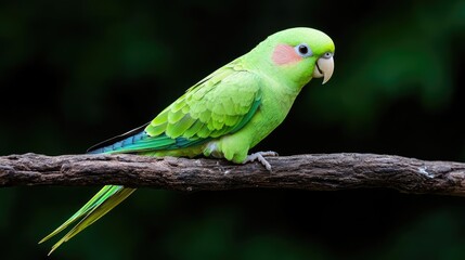 Green Parrot Perched on Branch, Dark Background, Nature