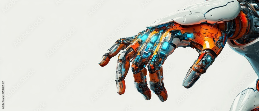 Aufkleber a robotic hand showcases an array of vibrant circuitry, featuring a blend of orange and silver color