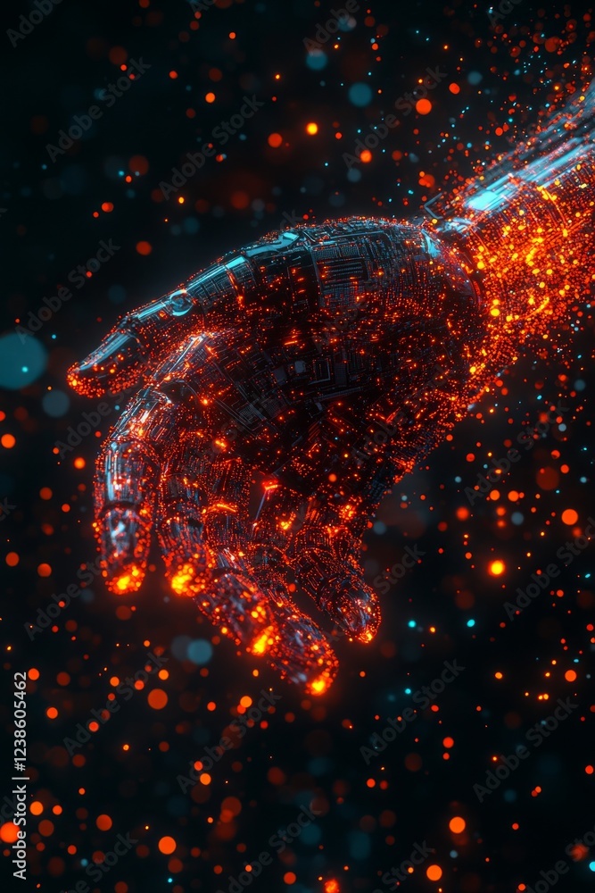 Poster a glowing digital hand extends outward, surrounded by colorful particles in a cosmic setting, creati