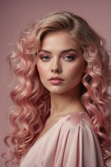 Fototapeta premium Model with wavy pink hair posing against a soft backdrop in a studio setting