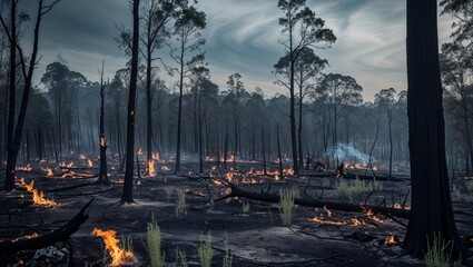Forest landscape affected by wildfire during twilight in a desolate area