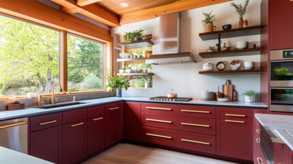 kitchen featuring deep red terracotta and bordeaux-colored cabinetry, natural stone gray countertops, bronze fixtures, and open shelving displaying artisanal ceramics, and elegance with a modern touch