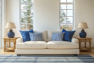 Fototapeta premium Cozy Contemporary Living Room with Cream Sofa and Blue Pillows