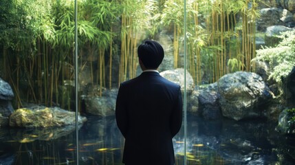 An Asian businessman deep in thought in a lush garden with bamboo and water features, blending nature and calmness.
