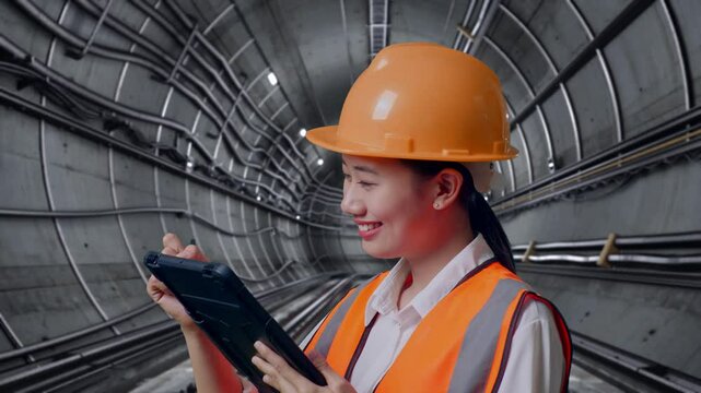 Close Up Side View Of Asian Female Engineer With Safety Helmet Taking Note On The Tablet And Looking Around In Underground Subway Tunnel