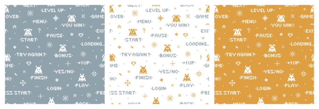 Vector Set of Kids Seamless Patterns with Retro Pixel Video Game Abstract Aliens Characters and Hearts. Funny Space Monsters in Pixel Art Style. Old School Arcade Game Computer Graphic Design