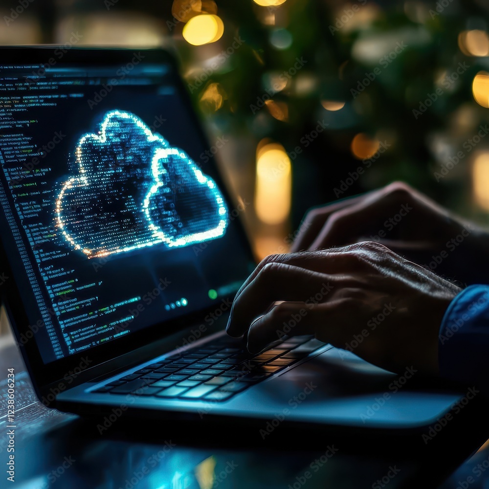 Poster a person types on a laptop displaying a glowing cloud symbol, representing cloud computing and digit