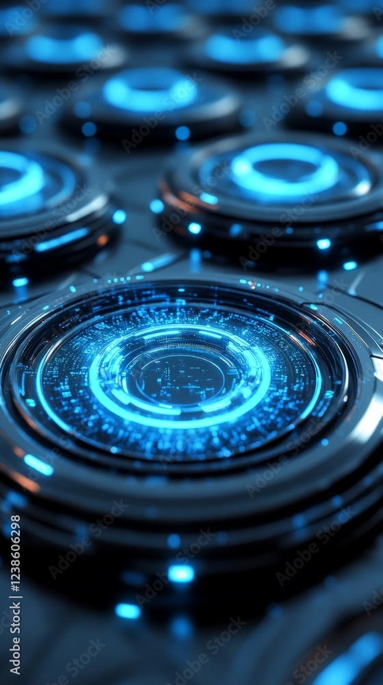 Poster glowing blue circular panels with intricate circuitry designs are arranged closely on a dark backgro