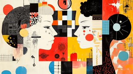 Abstract depiction of gender roles and their evolution in society symbolized through contrasting objects and patterns