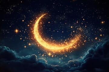 Obraz premium Santa Claus Flying in the Night Sky with Reindeer and Moon