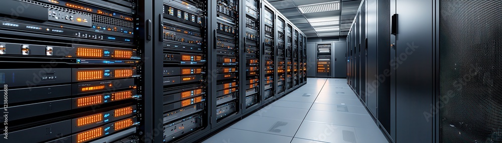 Poster a sleek, modern data center featuring rows of servers and illuminated components, showcasing advance