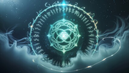 Obraz premium Intricate mystical symbol surrounded by ethereal mist in a cosmic setting at night