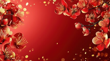 Obraz premium Chinese style red background with golden flowers festival celebration background