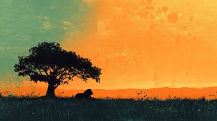 Serene Sunset Over a Tranquil Landscape Featuring a Silhouette of a Lion Resting Beneath a Large Tree in an Open Field