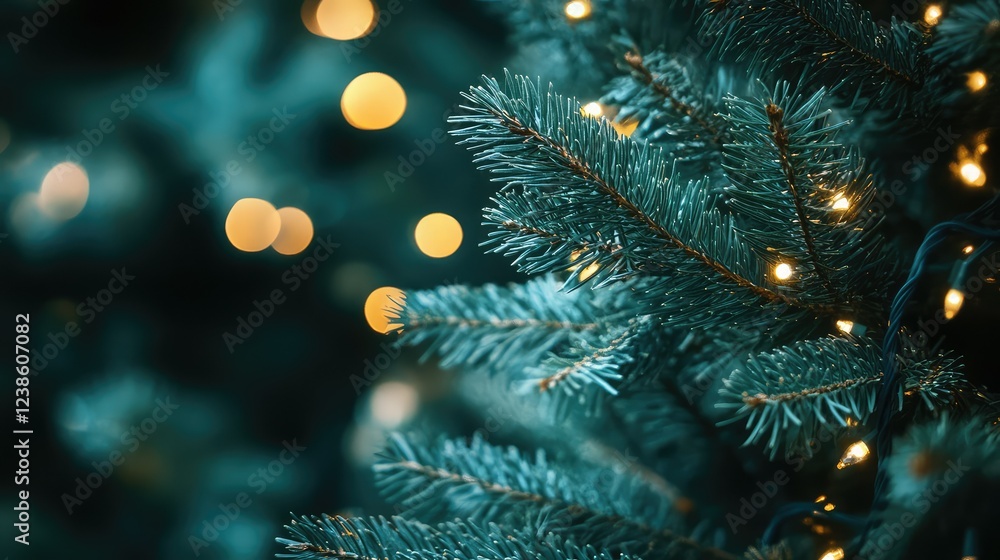 Aufkleber close-up view of christmas tree branches adorned with glowing lights creating a magical holiday atmo