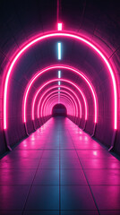 A futuristic tunnel bathed in vibrant pink neon light.  The path ahead is illuminated, creating a mesmerizing and otherworldly atmosphere.